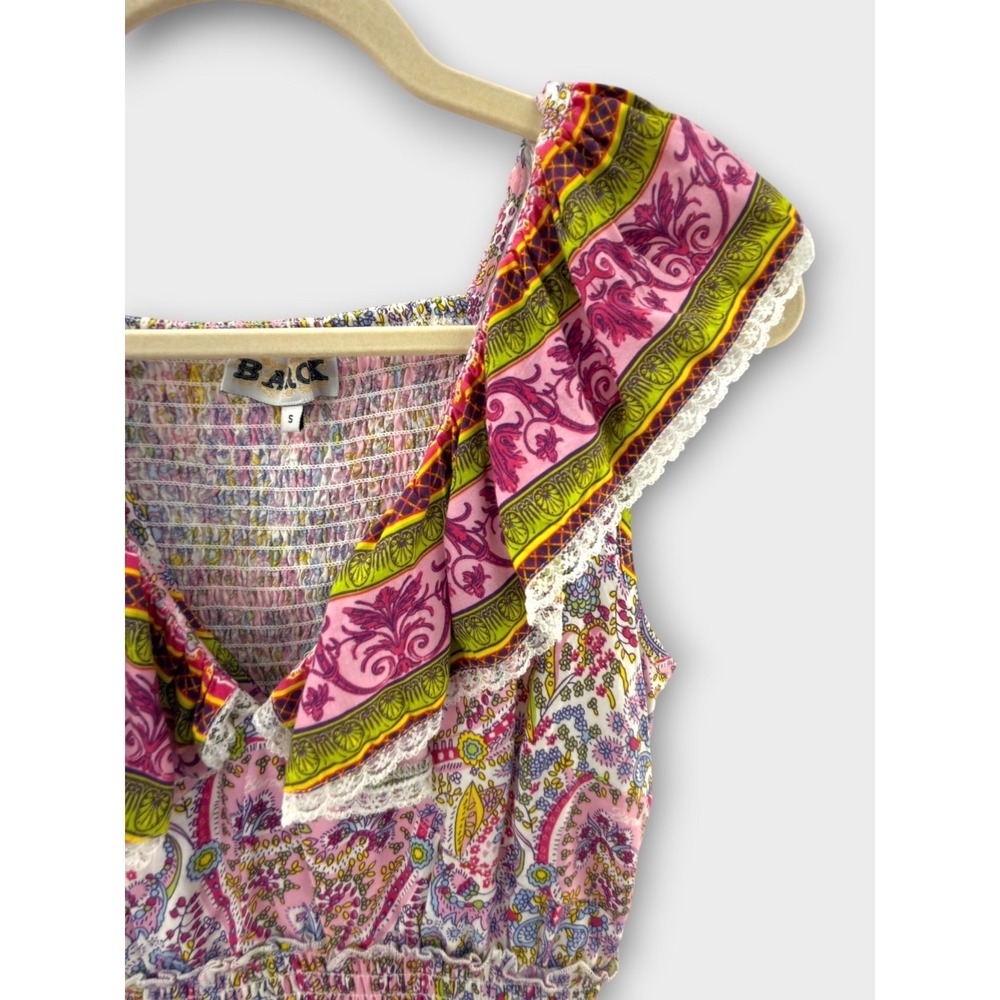 Anthropologie Barok Paris Dress S Pink Paisley Boho Peasant Smocked Ruffle Min - Picture 4 of 12